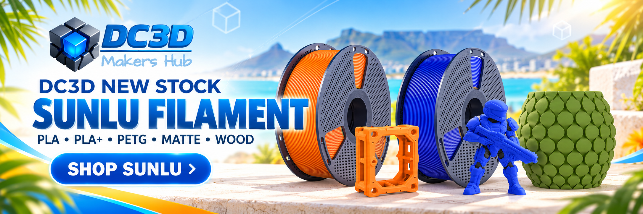 DC3D new SUNLU filament stock including PLA, PLA Plus, PETG, matte and wood filament