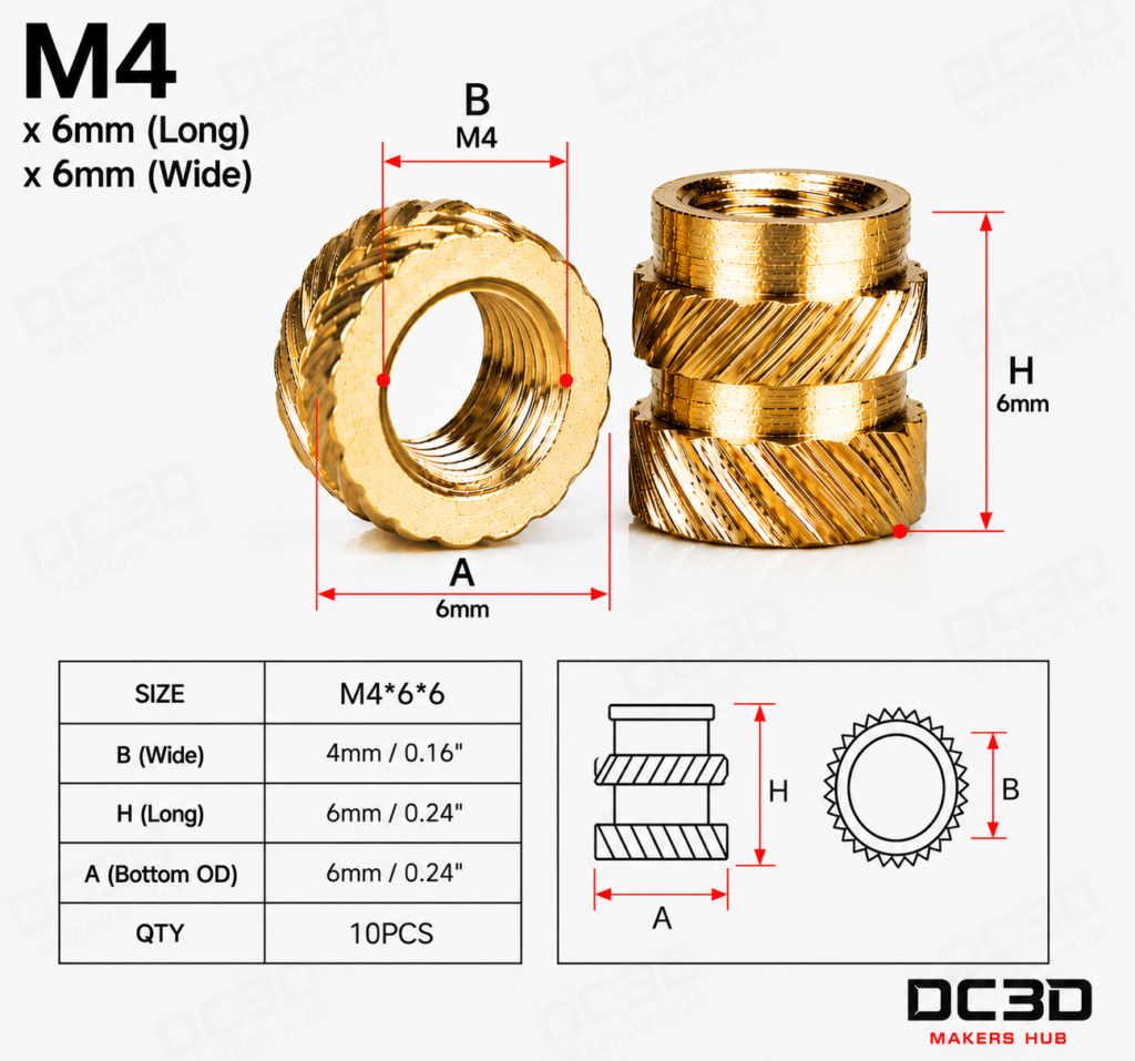 Heat-Set Brass Inserts – M4 x 6mm x 6mm