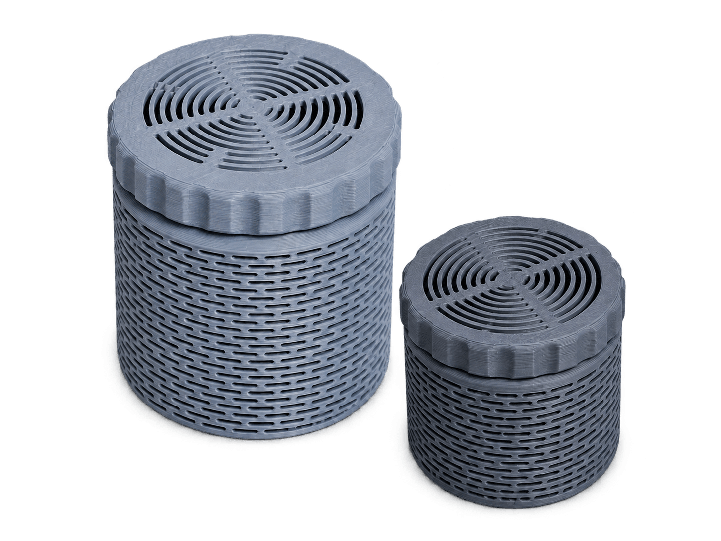 Two 3D-printed desiccant jars recommended and used by DC3D Printers